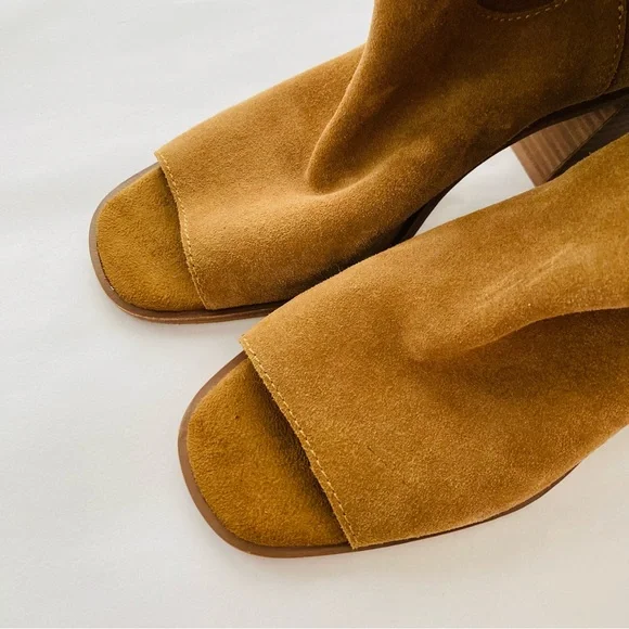 Lucky Brand Ryemi Brown Soft Suede Slip On Open Toe Heel Booties Size 9 - Picture 7 of 8